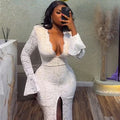 European and american cross-border women's fashion:  summer new arrival - elegant v-neck lace slim-fit flared sleeve slit maxi dress