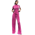 Amazon women's  spring new solid color double-layer pleated slim-fit casual short-sleeve two-piece activewear set