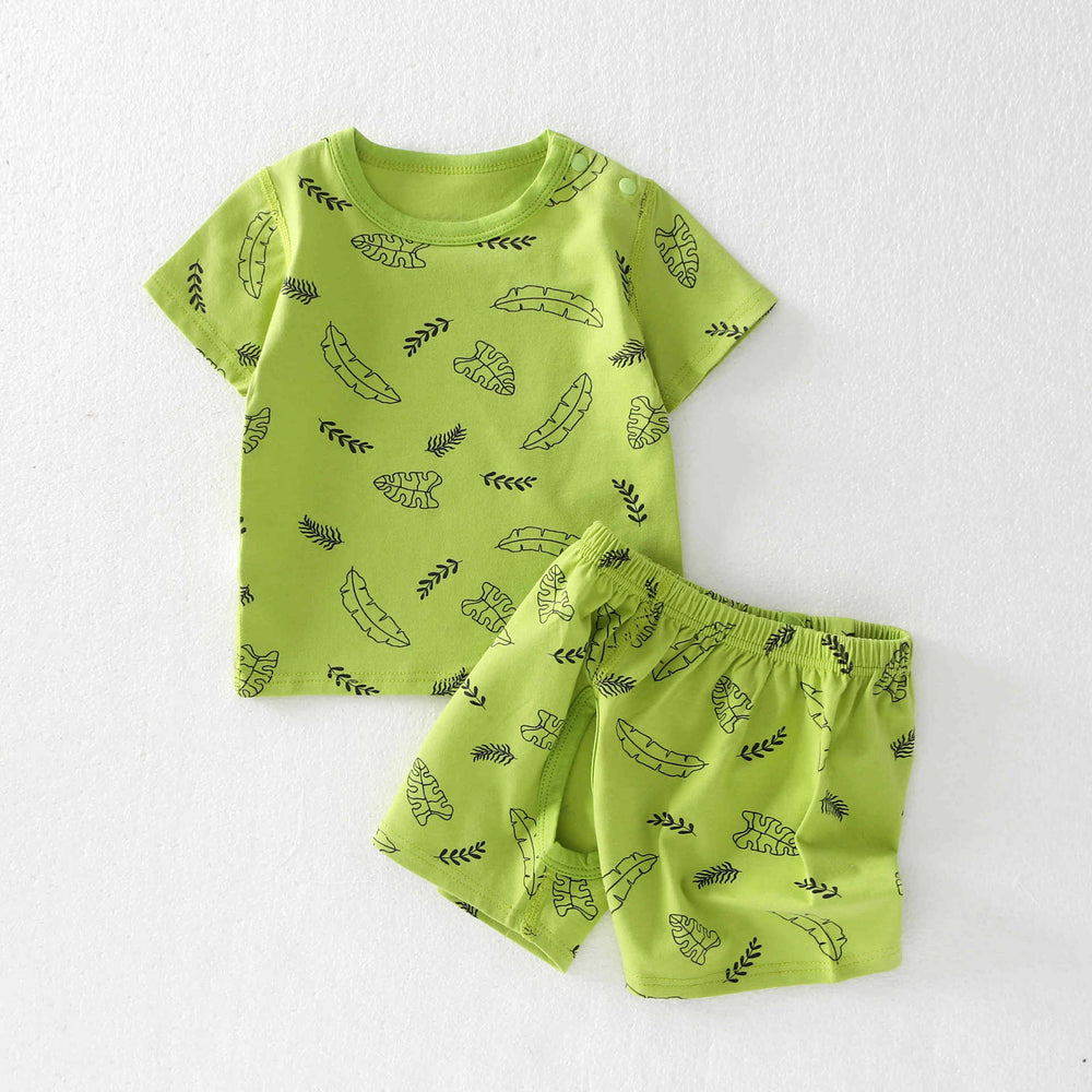 3-month-old and 2-year-old baby summer short-sleeved suit open pants pure cotton elastic waistband two-piece set breathable fork pants