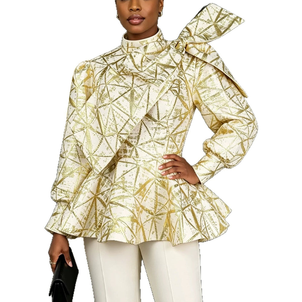 Autumn winternew arrival gold silk jacquard top waist accessible luxuryelegantclassybowsrufflessense of designtops