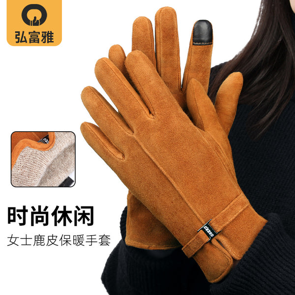 鹿皮保暖手套女冬季加厚手套可触屏羊毛内里户外骑行防风服饰手套