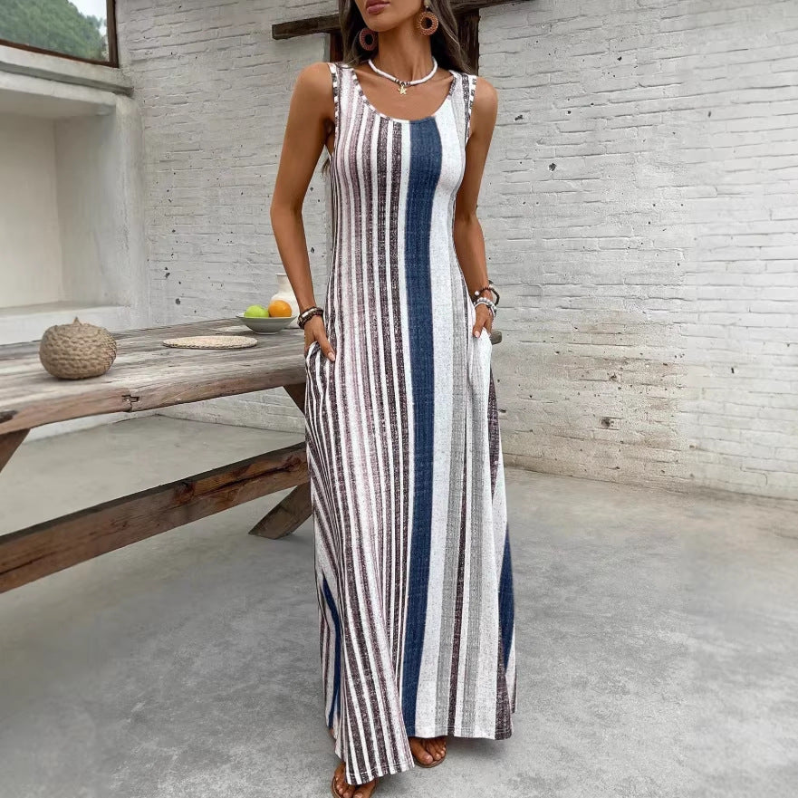 summer european and american cross-border new fashion striped slit maxi dress