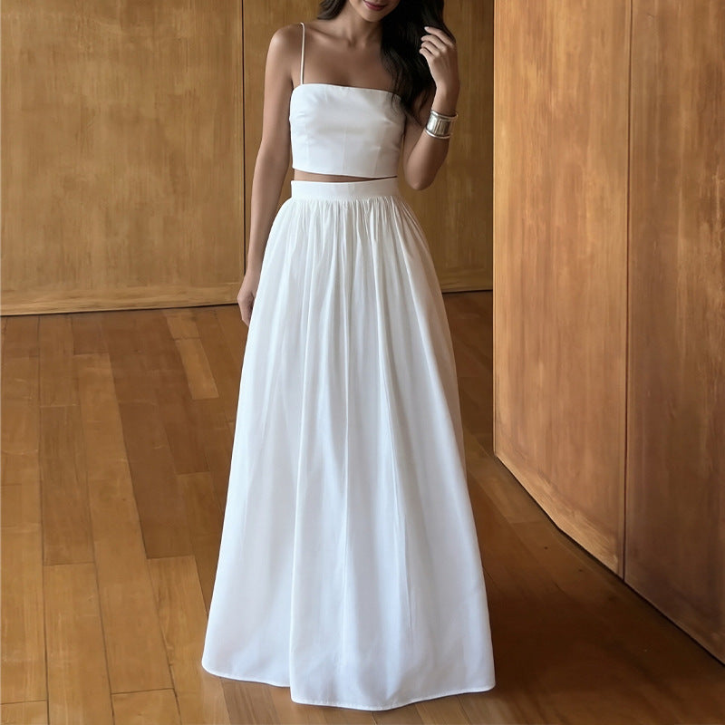 women's summer new arrivals: cross-border european & american fashion - sexy solid color camisole and maxi skirt set