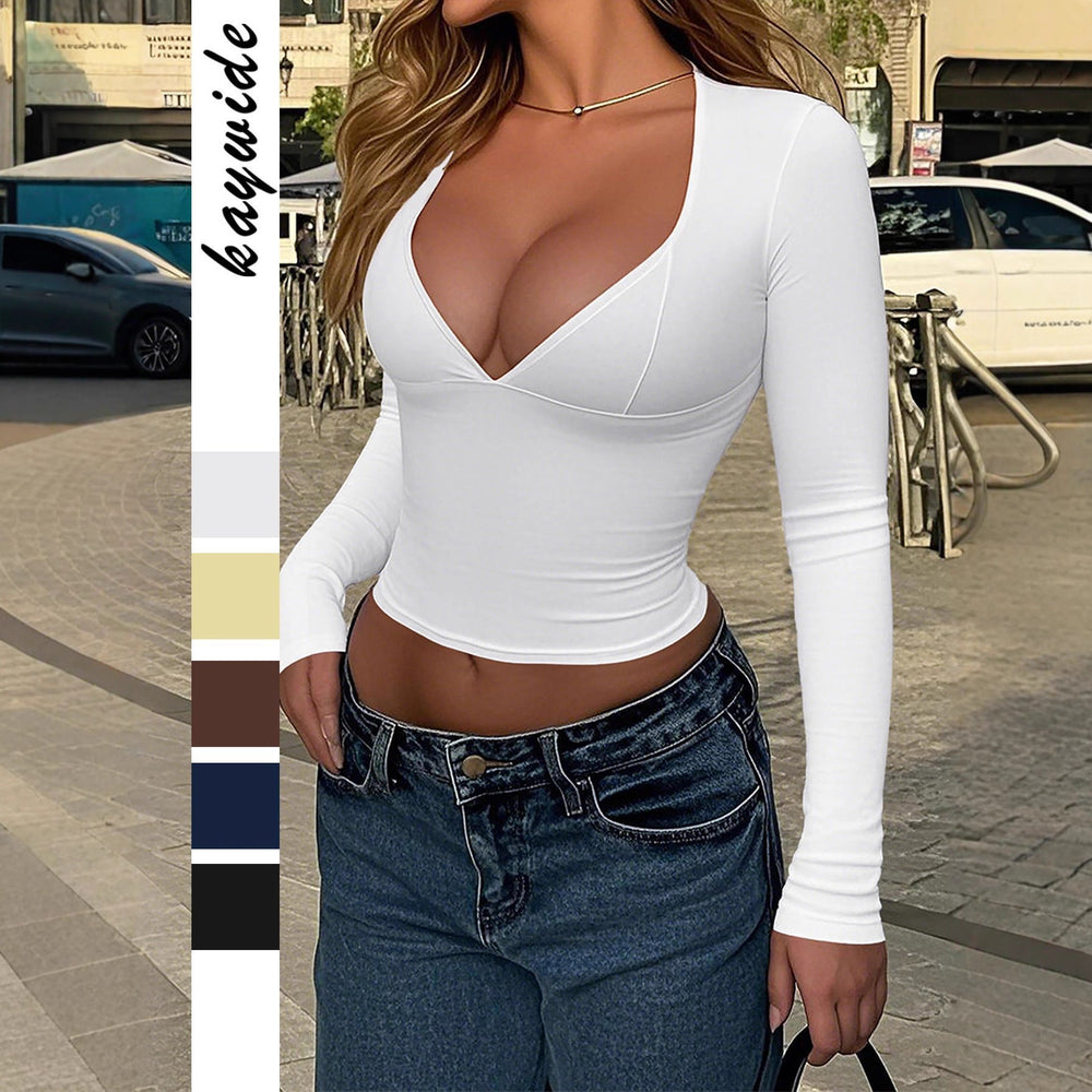 fashionsexy deep v long-sleeved women's vest t-shirt women's clothing 2025 autumn and winter amazon independent station