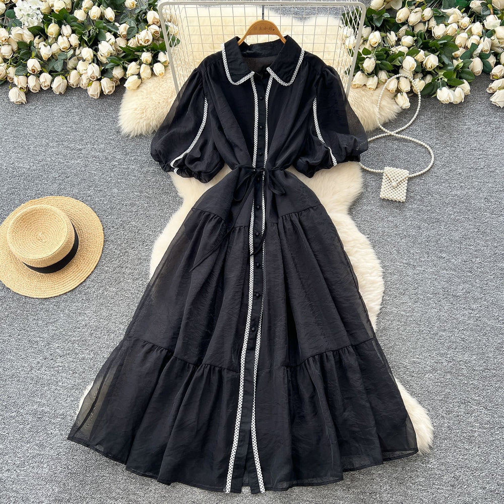 French gentle style elegant lapel lantern sleeves tie back waist single-breasted dress female super fairy slimming look long skirt