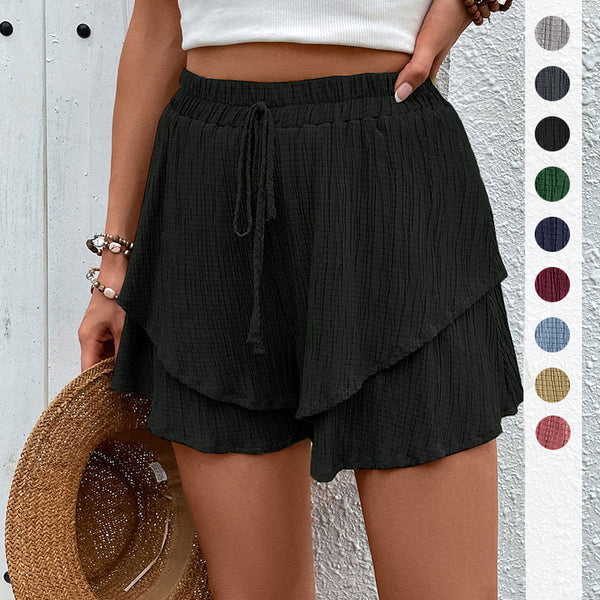 Independent Station Europe Station 2025 New Cross-border Holiday Wind Texture Fabric Double Layer Solid Color Casual Women's Shorts