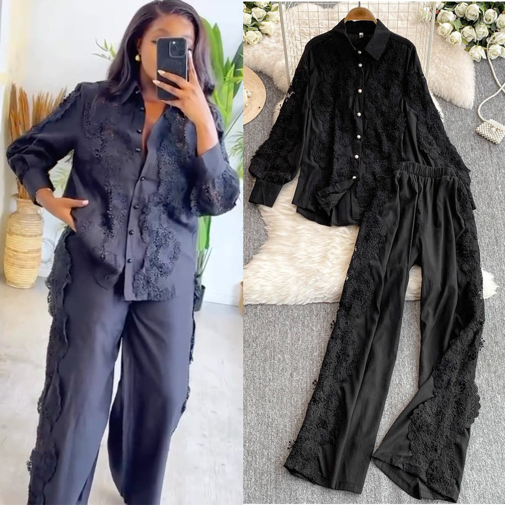 French chic heavy lace trim long sleeve shirt & elastic high waist wide leg pants two-piece set for women