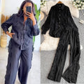 French chic heavy lace trim long sleeve shirt & elastic high waist wide leg pants two-piece set for women