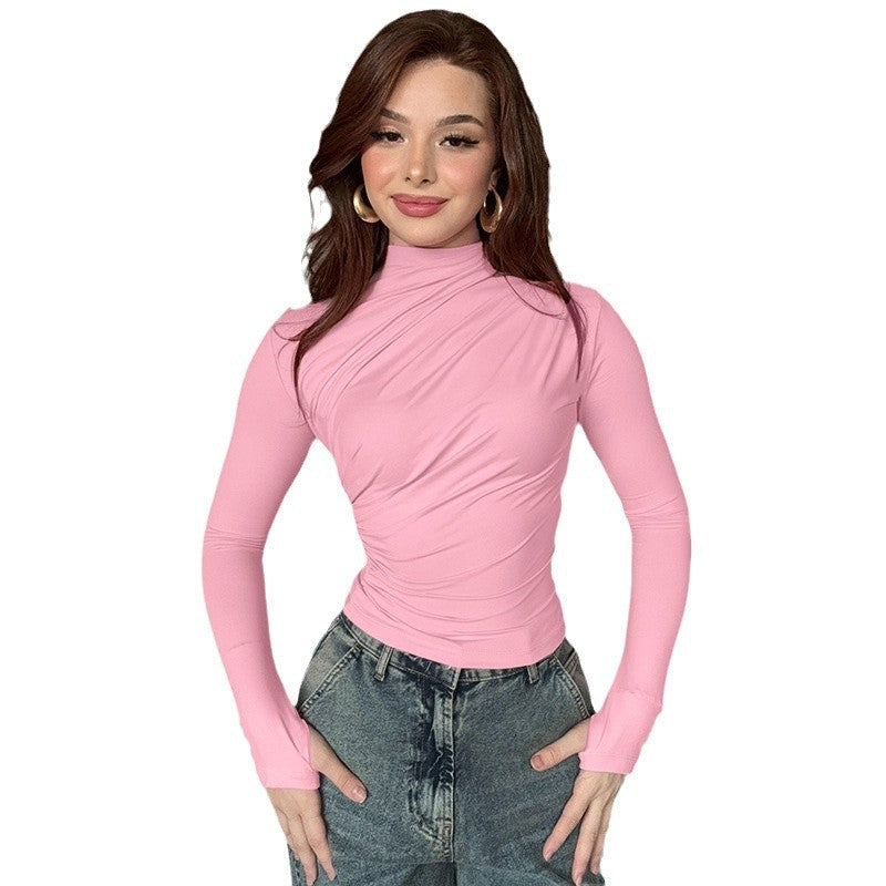 fall/winter european and american cross-border women's fashion: new casual slim-fit pleated turtleneck long-sleeve solid color top/t-shirt