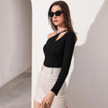 European and american women's clothing  fall/winter new arrivals: sexy cutout, slim-fit, casual long-sleeve women's t-shirt top -  in-stock