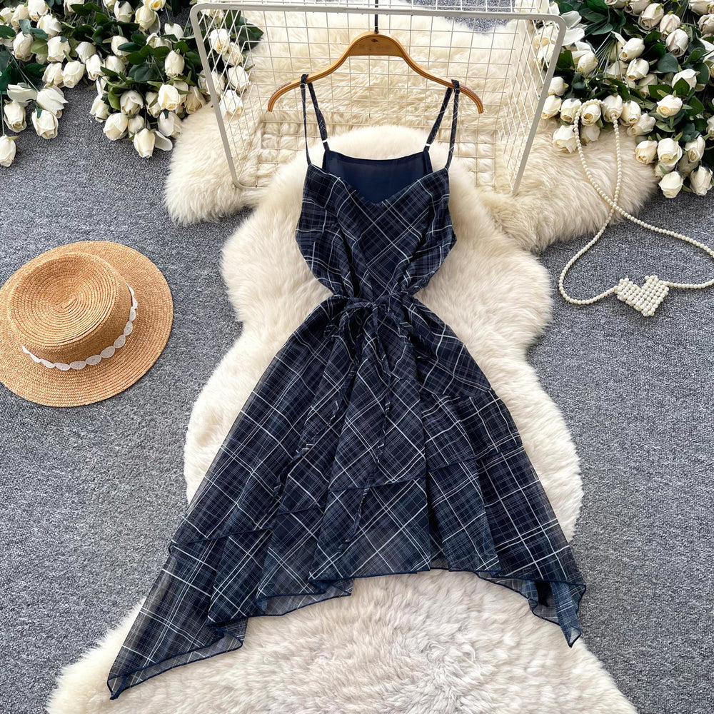 French retro plaid cami dress - women's summer korean style high waist, cinched waist, asymmetrical ruffle hem, slimming dress