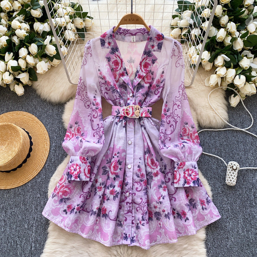 spring new arrival: royal court style retro stand collar dress - european & american socialite design, cinched waist, single-breasted button, printed maxi dress