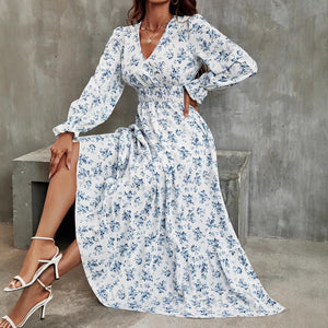 &  autumn hot-selling women's printed v-neck long sleeve maxi dress - stylish and versatile