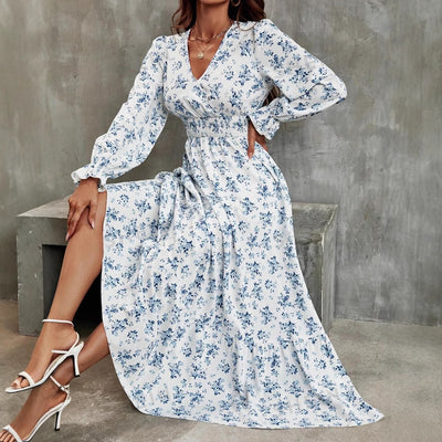 &  autumn hot-selling women's printed v-neck long sleeve maxi dress - stylish and versatile
