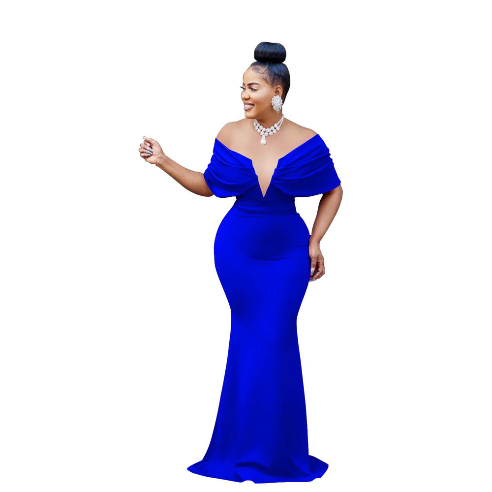 C6587 cross-border   fashion women's solid color off-the-shoulder deep v backless mermaid prom dress