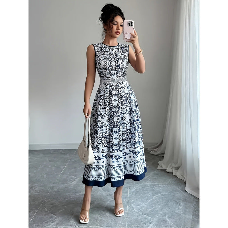 listing: new  women's original elegant vacation style sleeveless printed dress