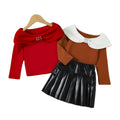 European and american autumn girls' bowknot design off-the-shoulder beaded long-sleeve top and pu leather pleated skirt two-piece set