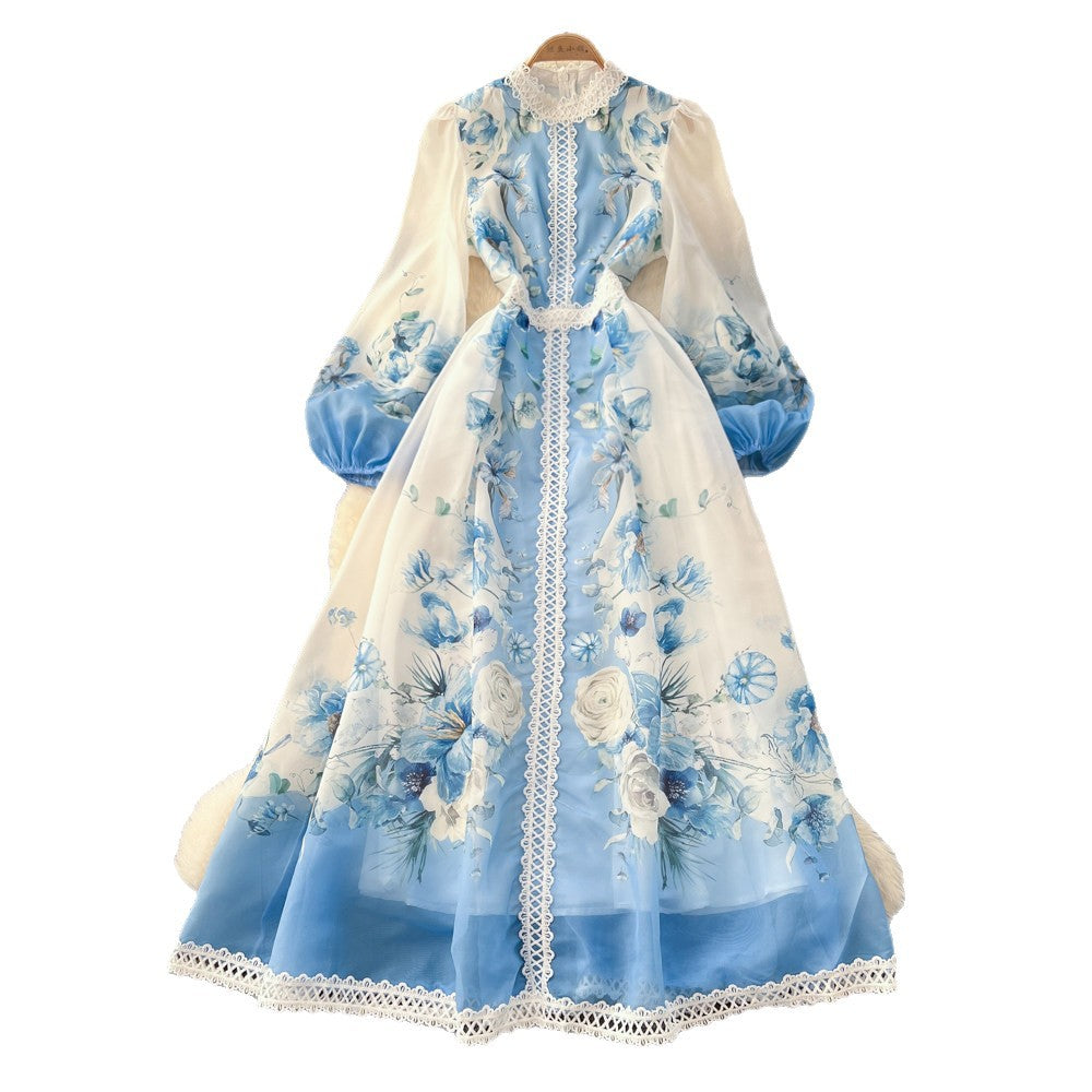 French retro floral print dress - women's early spring long sleeve slim fit a-line maxi dress - romantic vacation style elegant dress