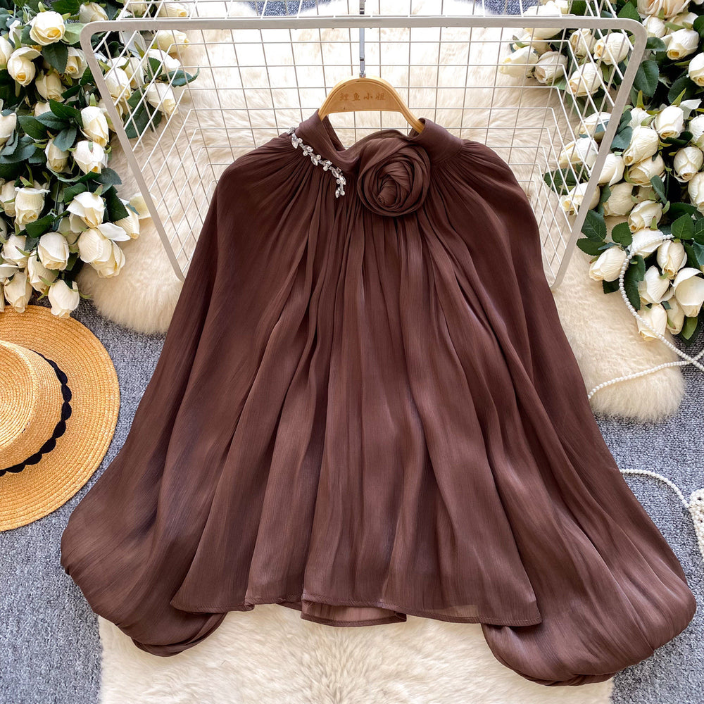 Gentle wind red bell sleeve satin pleated shirt women's spring summerlooseslimming lookfrenchelegantwork clothingtops