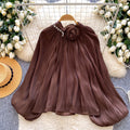 Gentle wind red bell sleeve satin pleated shirt women's spring summerlooseslimming lookfrenchelegantwork clothingtops