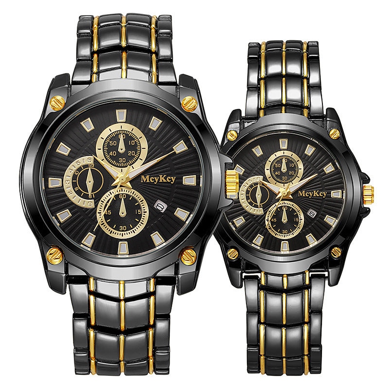 New arrival cross-border alloy couple steel band watch classic business three-eye large dial waterproof quartz watch manufacturer wholesale