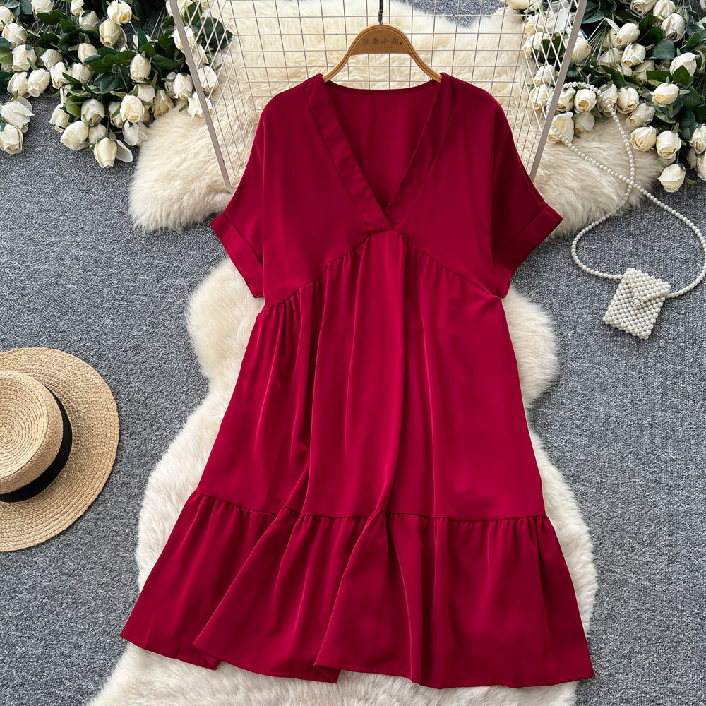 K-stylev neck short-sleeved casualelegantdress women's summercasuallooseslimming look flesh-covering a-line skirt work clothing