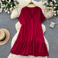 K-stylev neck short-sleeved casualelegantdress women's summercasuallooseslimming look flesh-covering a-line skirt work clothing