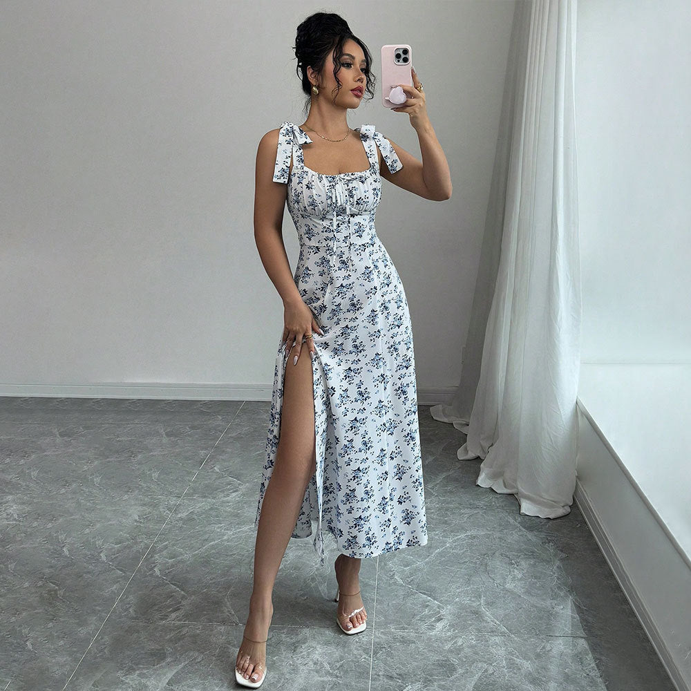Hot-selling independent station cross-border women's clothing sweet square neck dresssummer floral design suspender slit long skirt