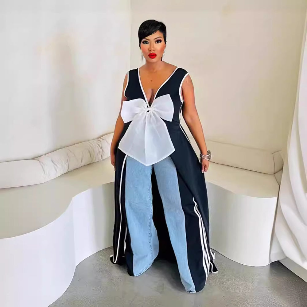 Sexy women's v-neck maxi dress with large bow and high slit - hot-selling women's apparel on  cross-border e-commerce