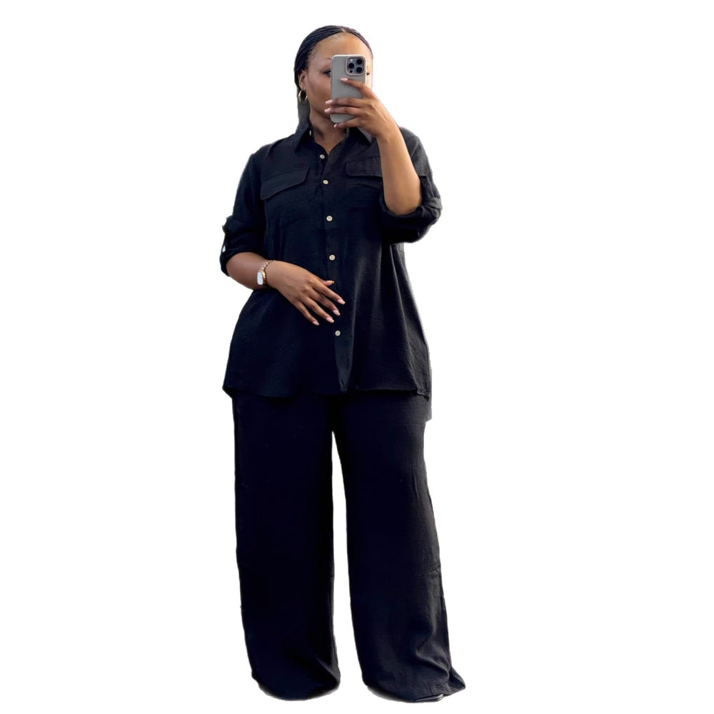 European and american cross-border women's clothing  spring/summer new collection: african-style plus size loose solid color long sleeve shirt and wide leg pants set