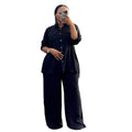 European and american cross-border women's clothing  spring/summer new collection: african-style plus size loose solid color long sleeve shirt and wide leg pants set