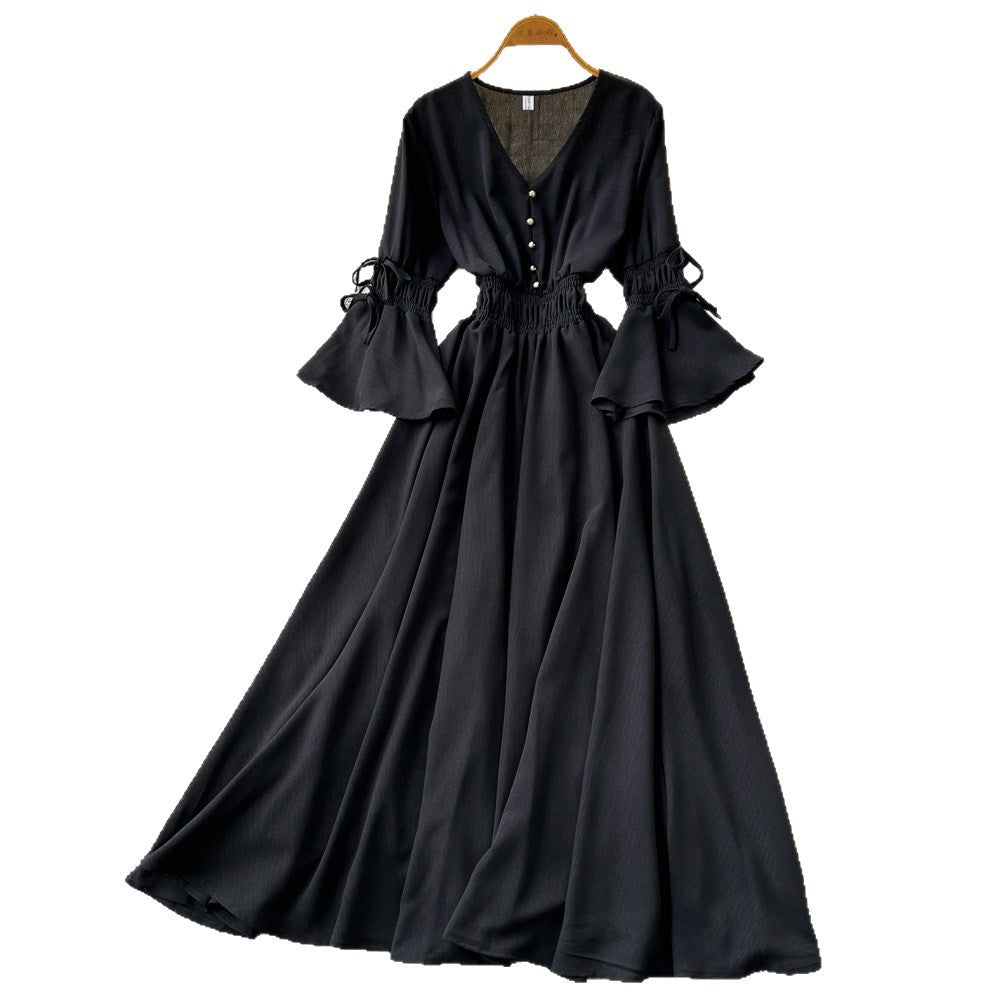 Vintage chic lantern sleeve v-neck tie-up dress - spring korean style women's red slimming waist elegant maxi dress