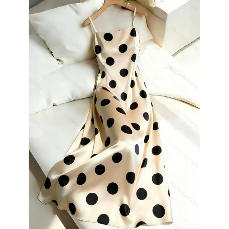 Women's new summer fashionable minimalist elegant satin polka dot cinched waist long slip dress - perfect for dates