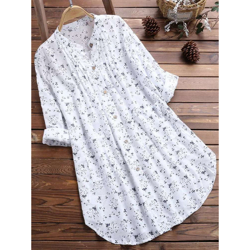 women's new cotton linen floral print mid-length loose fit shirt