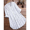 women's new cotton linen floral print mid-length loose fit shirt