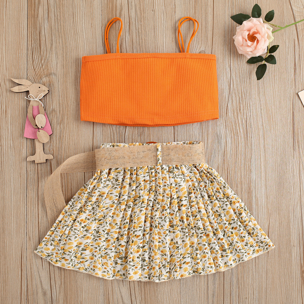 european and american style cross-border children's wear solid color ribbed tank top and printed pleated skirt two-piece set - exclusively for export