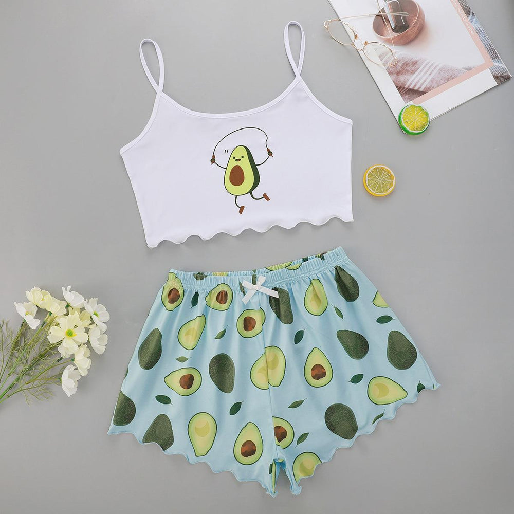 European and american summer women's sexy camisole top and shorts two-piece set - avocado print loungewear set - direct from the manufacturer