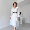 European and american cross-border women's fashion:  autumn new french style solid color v-neck long sleeve cinched waist pleated elegant dress