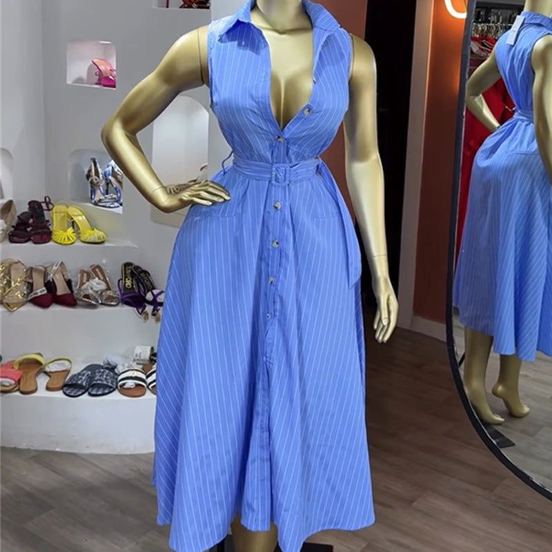 European and american cross-border women's fashion:  autumn new arrival - elegant sleeveless blue striped tie-waist shirt dress