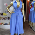 European and american cross-border women's fashion:  autumn new arrival - elegant sleeveless blue striped tie-waist shirt dress