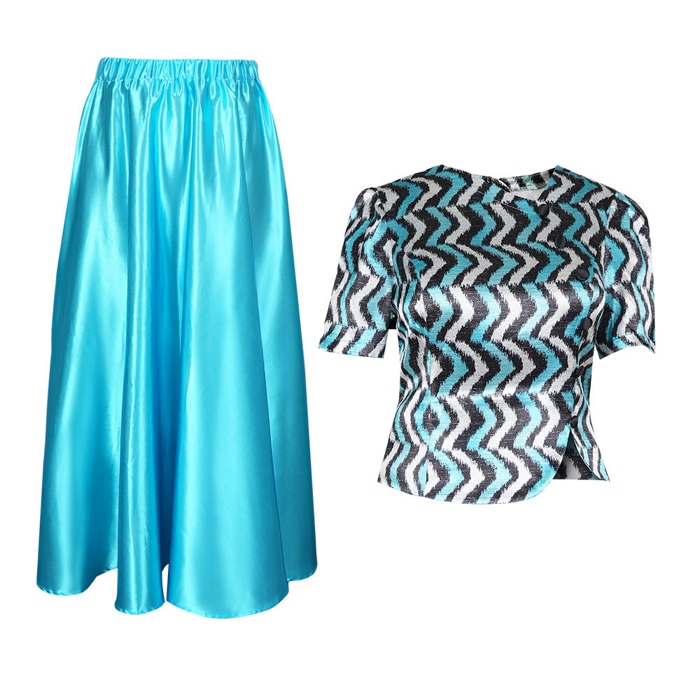 Aliexpress cross-border plus size midi skirt + t-shirt dress african women's crystal satin print two-piece skirt set