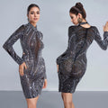 C7063 cross-border   fashion women's sexy see-through mesh rhinestone high-end dress