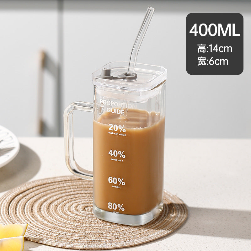 Square glass light luxury with bamboo cover juice cold drink cup household straw cup high value fruit teacup activity gift
