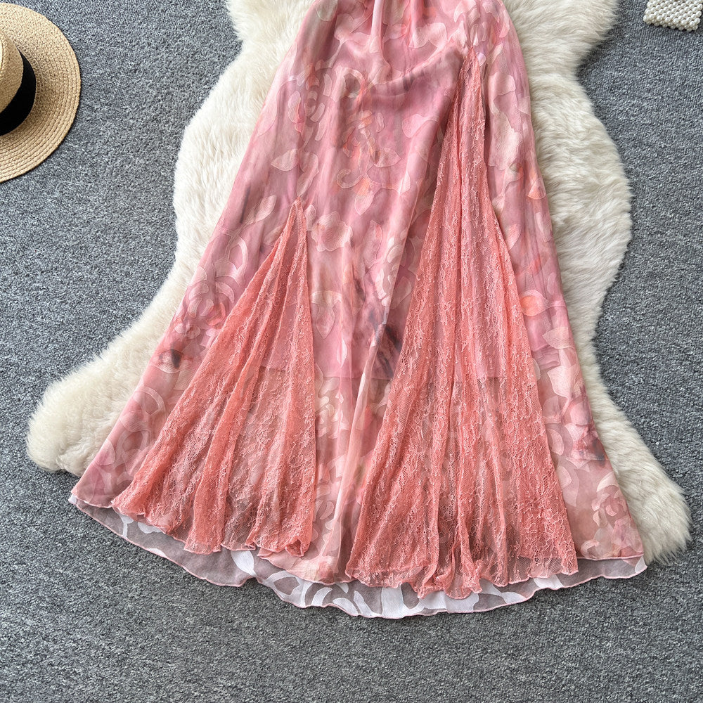French riviera style pink floral print cami dress - women's summer korean high-waisted sleeveless slimming elegant maxi dress