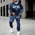 fashiontrendymencasualsuitautum denim effect hooded sports pants sweatshirtsuit wholesale