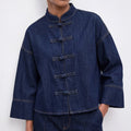 Women's chinese stand collar buttoned denim top - deep navy, relaxed fit, cropped shirt with three-quarter wide sleeves