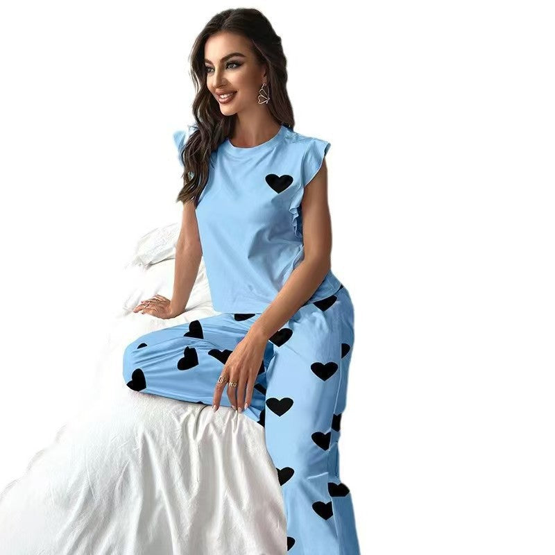 european and american new women's loungewear set: heart print t-shirt and casual comfortable pants pajama two-piece