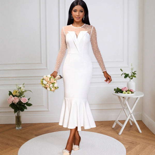 Temperament elegant mesh bead long-sleeved fishtail bridal dress, slim and thin sexy party dress dress