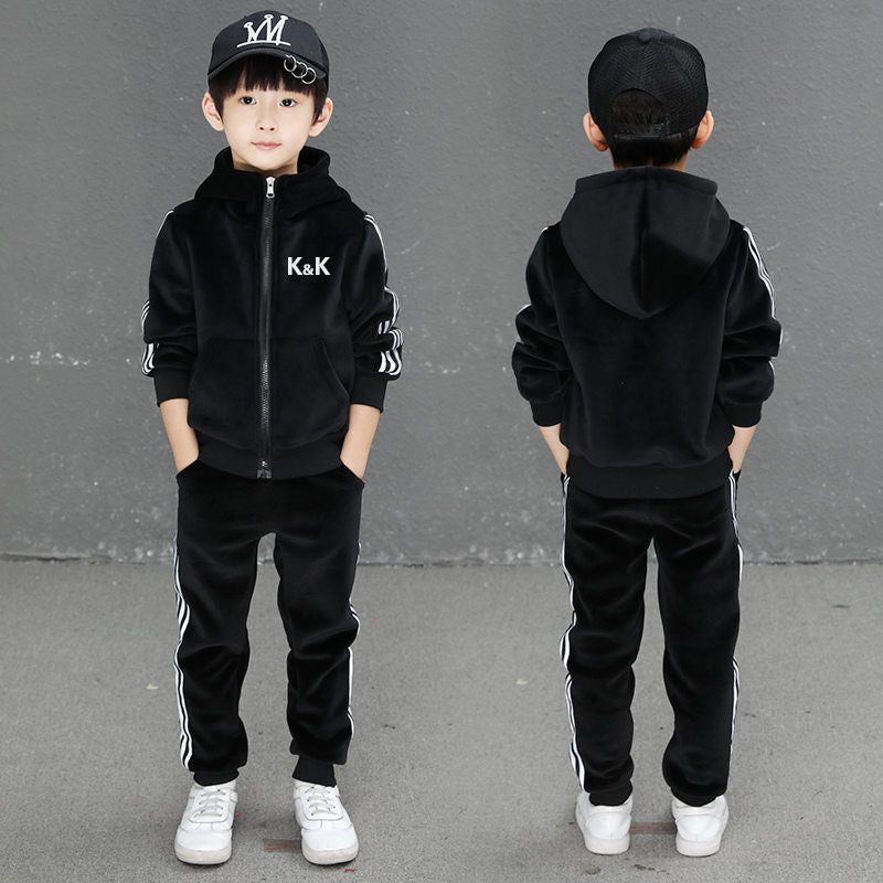 Boys' double-sided fleece-lined thickened gold velvet set, mid-to-large children's zip-up cardigan, sporty casual winter two-piece outfit
