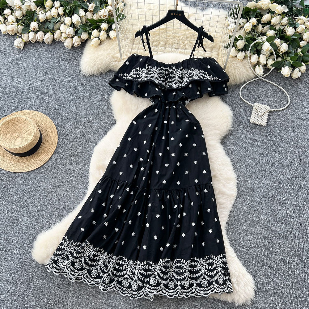French gentle style one shoulder suspender rufflespatchworkdress women's waist elegant cut outembroiderlong skirt